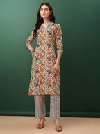 Sequined & Mirror Embroidered & Printed Kurta With Pant & Dupatta, Cream - Hiral Fashion - Distacart