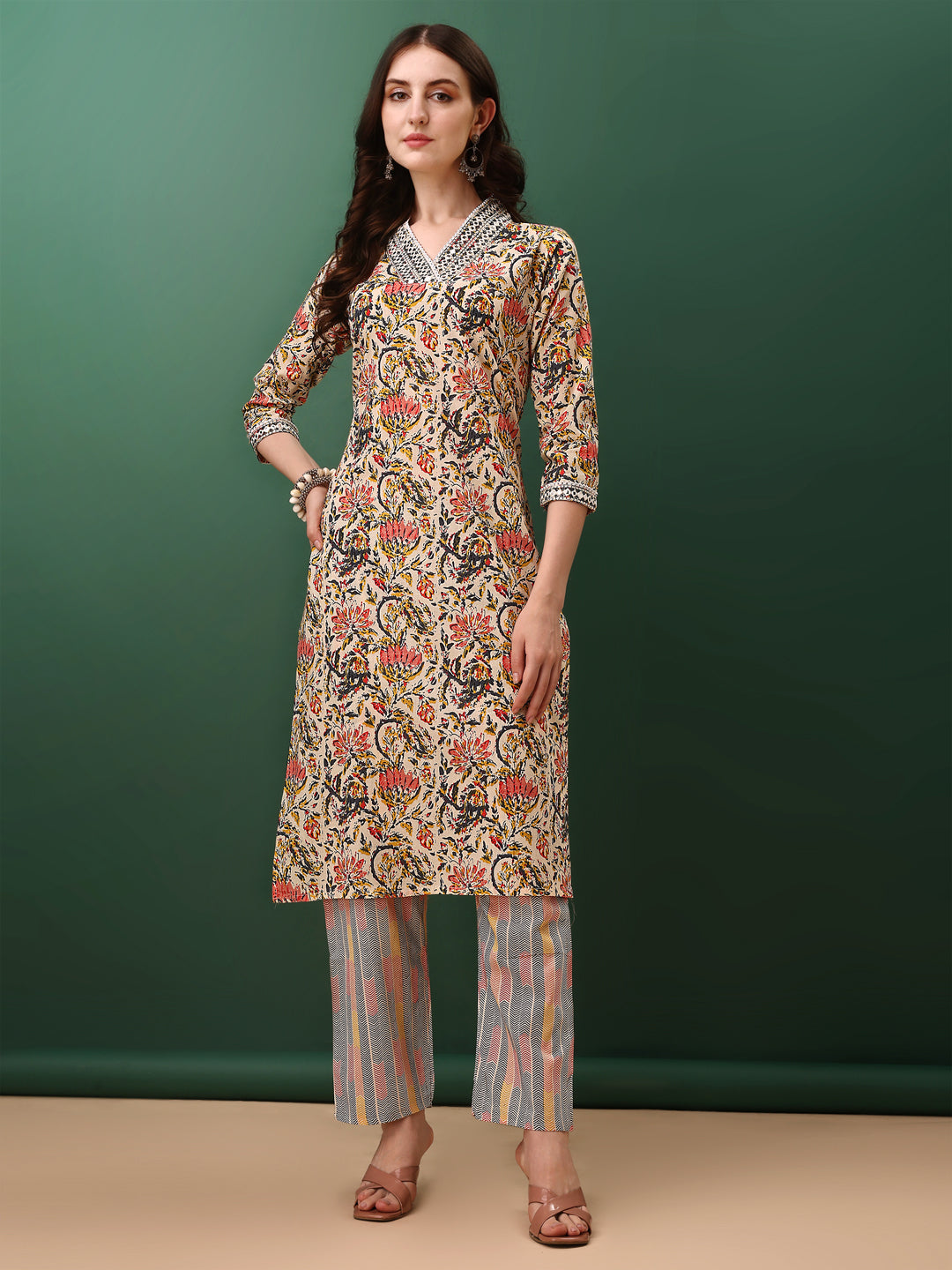 Sequined & Mirror Embroidered & Printed Kurta With Pant & Dupatta, Cream - Hiral Fashion - Distacart
