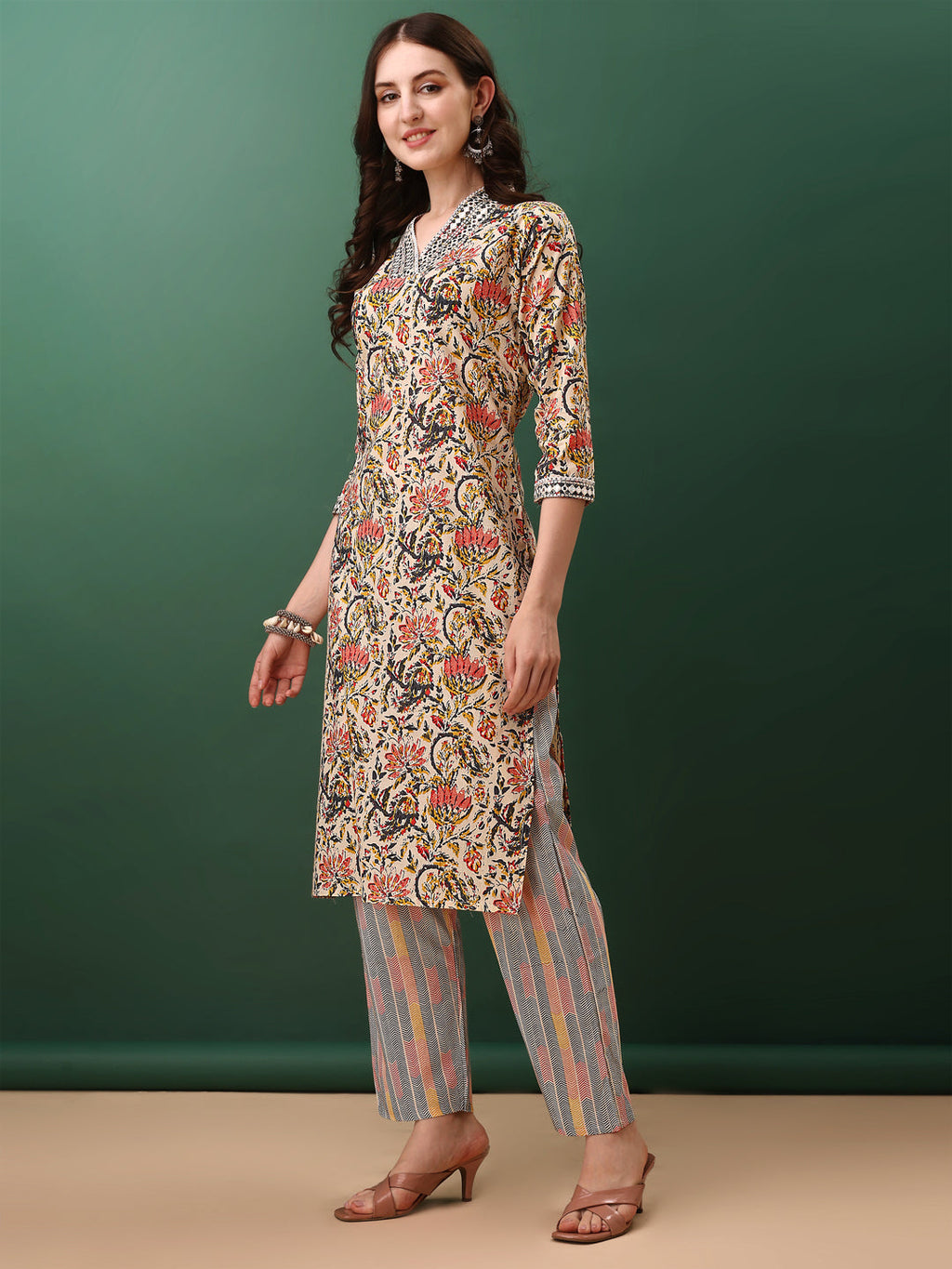Sequined & Mirror Embroidered & Printed Kurta With Pant & Dupatta, Cream - Hiral Fashion - Distacart