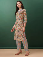 Sequined & Mirror Embroidered & Printed Kurta With Pant & Dupatta, Cream - Hiral Fashion - Distacart