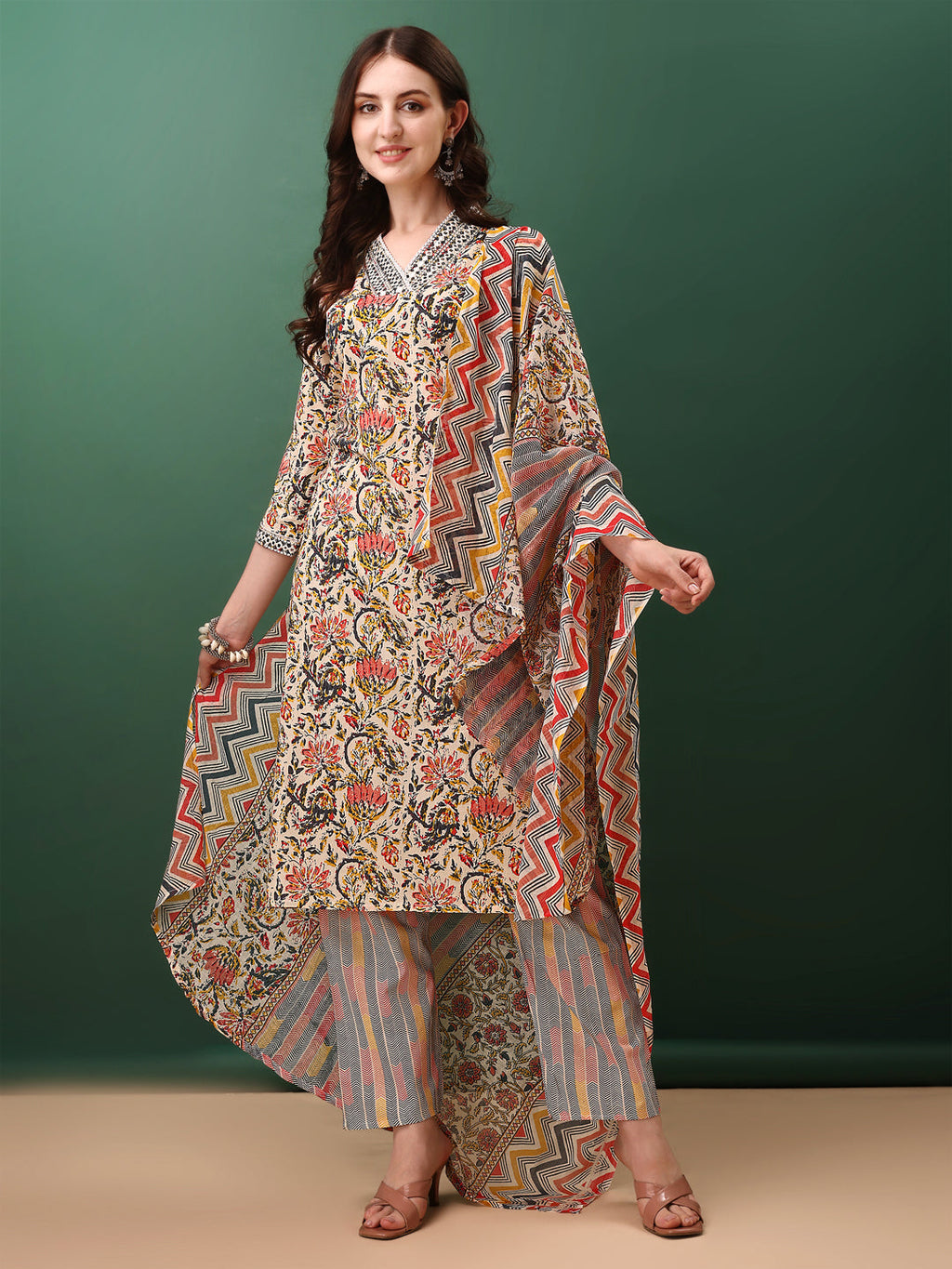 Sequined & Mirror Embroidered & Printed Kurta With Pant & Dupatta, Cream - Hiral Fashion - Distacart
