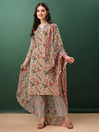 Sequined & Mirror Embroidered & Printed Kurta With Pant & Dupatta, Cream - Hiral Fashion - Distacart