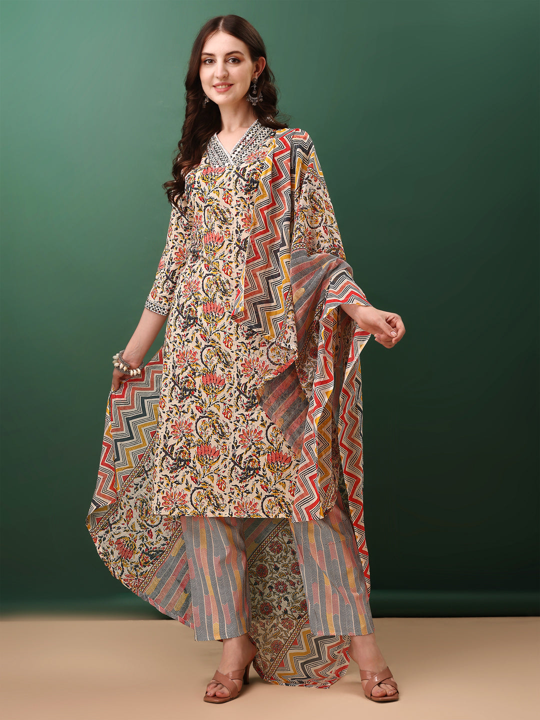 Sequined & Mirror Embroidered & Printed Kurta With Pant & Dupatta, Cream - Hiral Fashion - Distacart