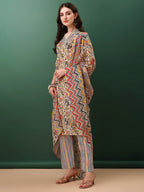 Sequined & Mirror Embroidered & Printed Kurta With Pant & Dupatta, Cream - Hiral Fashion - Distacart