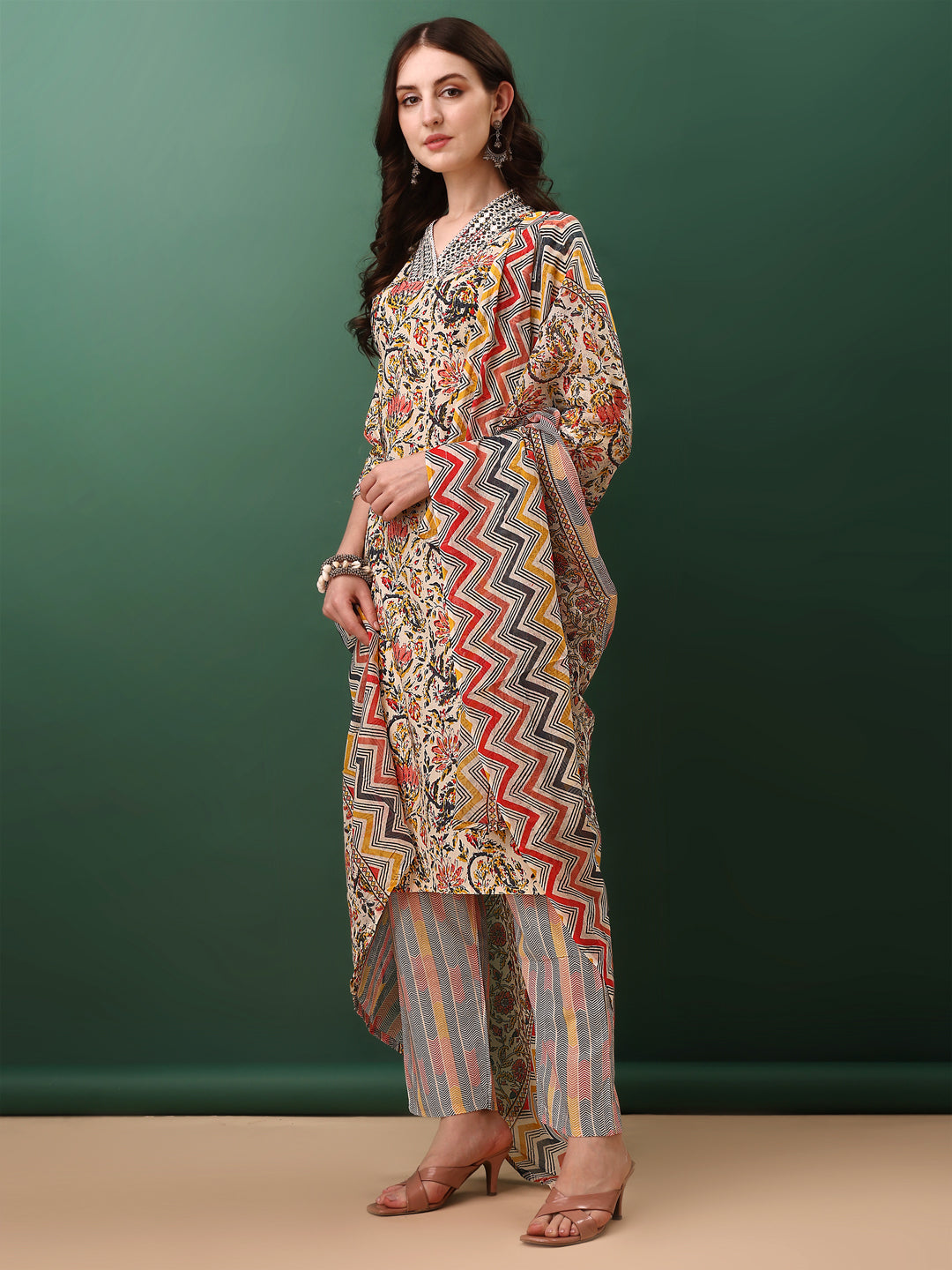 Sequined & Mirror Embroidered & Printed Kurta With Pant & Dupatta, Cream - Hiral Fashion - Distacart