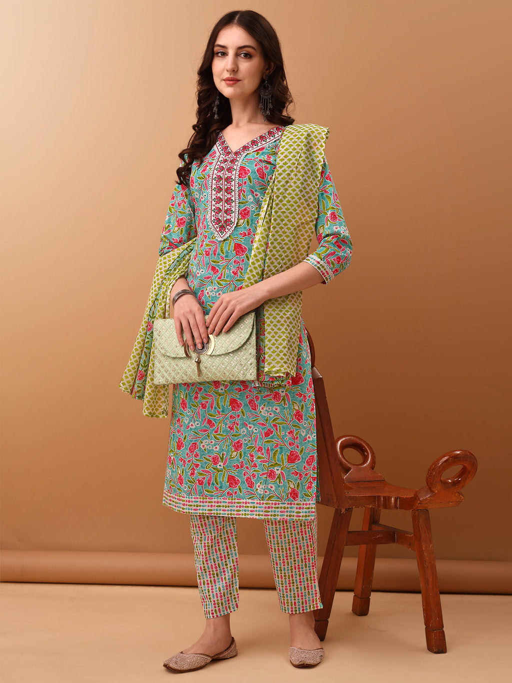 Embroidered & Floral Printed Kurta With Pant & Dupatta, Green - Hiral Fashion - Distacart