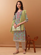 Embroidered & Floral Printed Kurta With Pant & Dupatta, Green - Hiral Fashion - Distacart