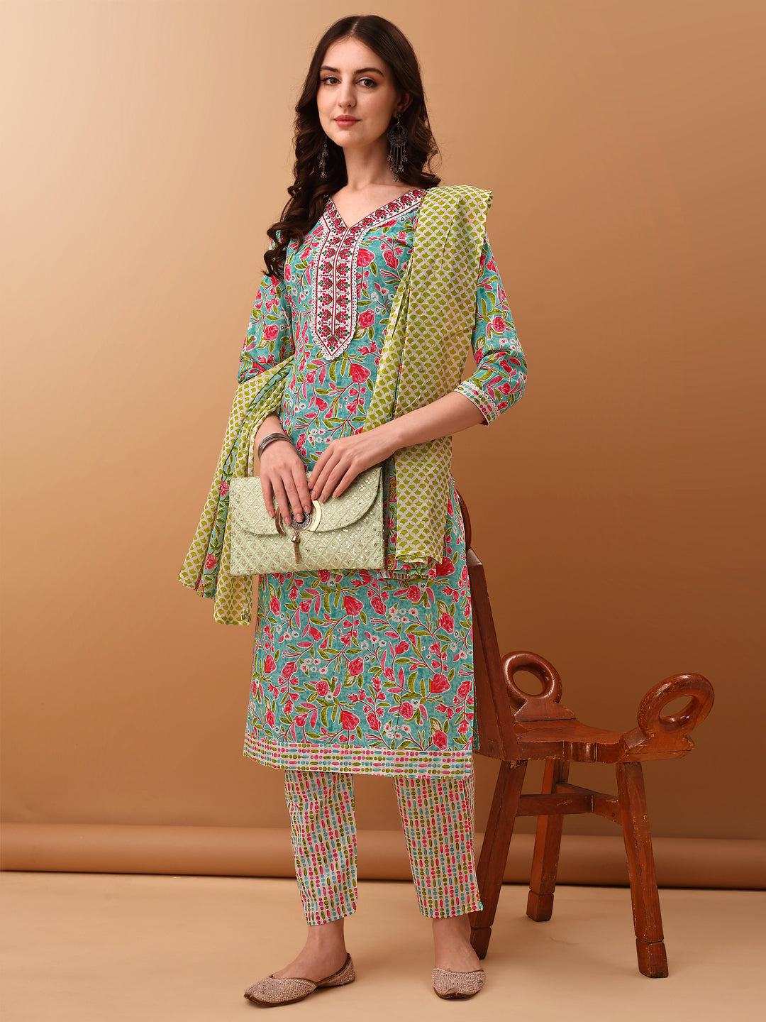 Embroidered & Floral Printed Kurta With Pant & Dupatta, Green - Hiral Fashion - Distacart