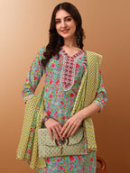 Embroidered & Floral Printed Kurta With Pant & Dupatta, Green - Hiral Fashion - Distacart