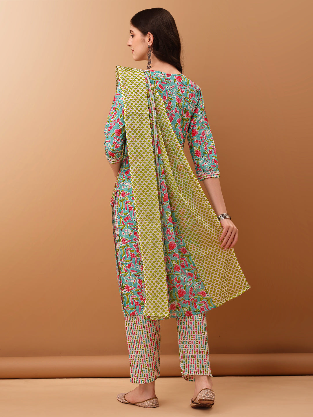 Embroidered & Floral Printed Kurta With Pant & Dupatta, Green - Hiral Fashion - Distacart
