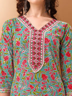 Embroidered & Floral Printed Kurta With Pant & Dupatta, Green - Hiral Fashion - Distacart