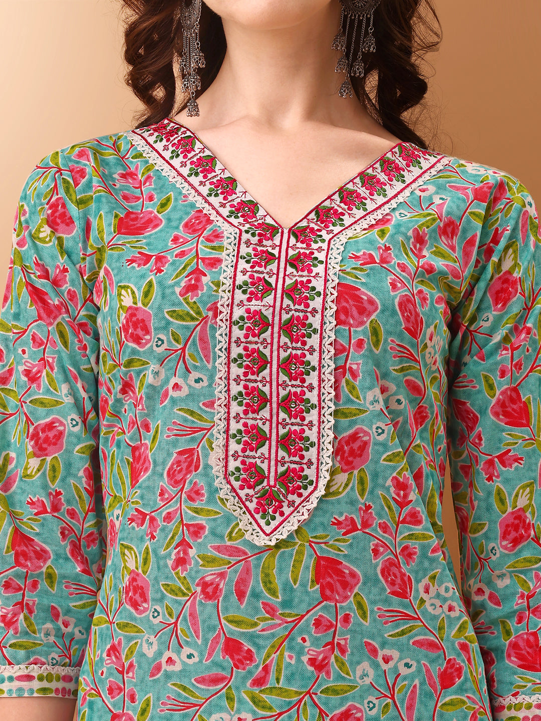 Embroidered & Floral Printed Kurta With Pant & Dupatta, Green - Hiral Fashion - Distacart