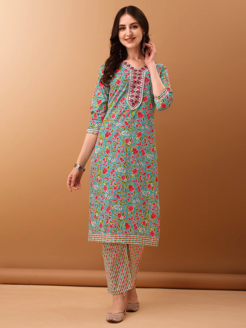 Embroidered & Floral Printed Kurta With Pant & Dupatta, Green - Hiral Fashion - Distacart