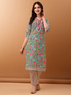 Embroidered & Floral Printed Kurta With Pant & Dupatta, Green - Hiral Fashion - Distacart