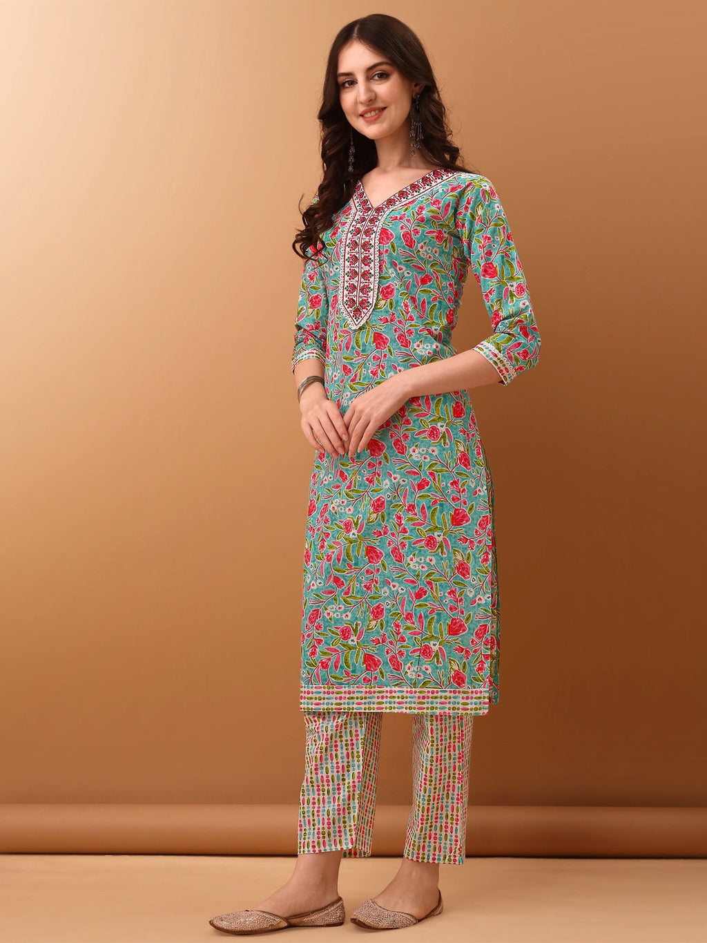 Embroidered & Floral Printed Kurta With Pant & Dupatta, Green - Hiral Fashion - Distacart
