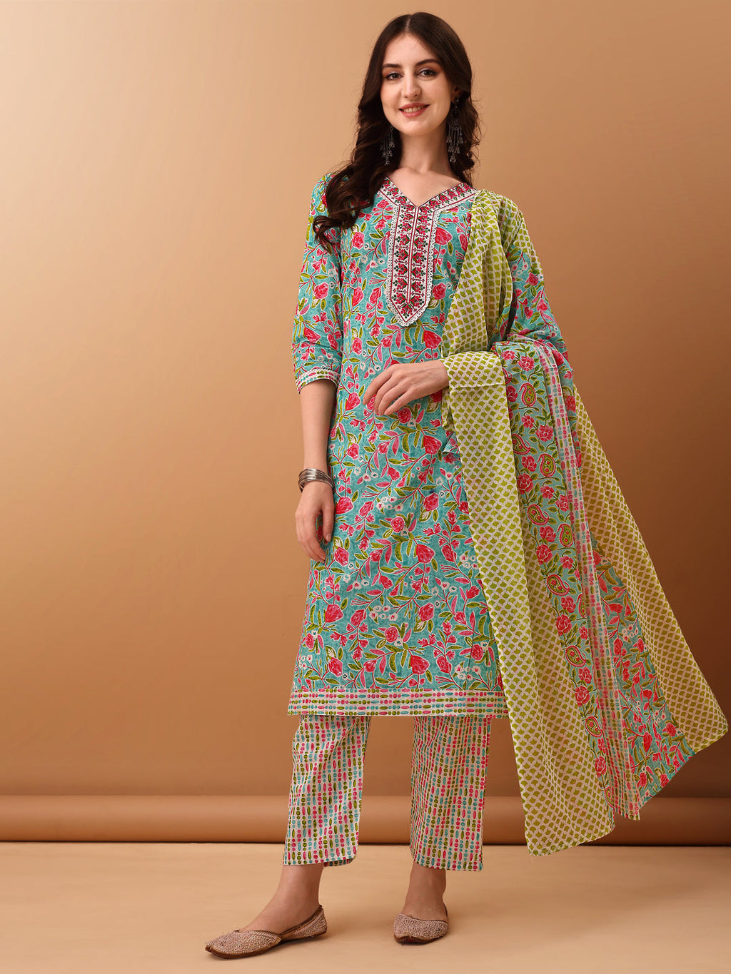 Embroidered & Floral Printed Kurta With Pant & Dupatta, Green - Hiral Fashion - Distacart