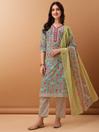 Embroidered & Floral Printed Kurta With Pant & Dupatta, Green - Hiral Fashion - Distacart
