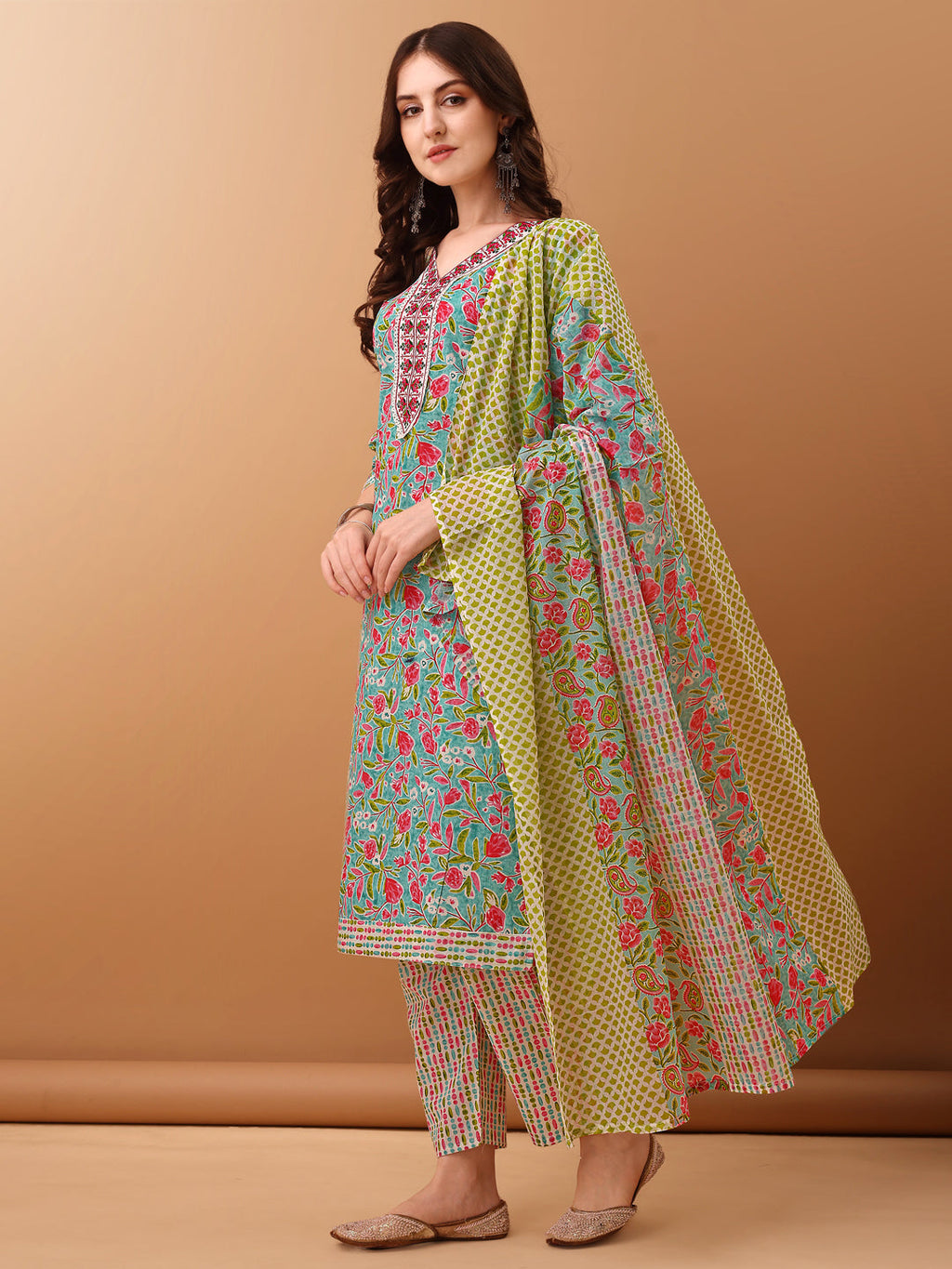 Embroidered & Floral Printed Kurta With Pant & Dupatta, Green - Hiral Fashion - Distacart