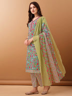 Embroidered & Floral Printed Kurta With Pant & Dupatta, Green - Hiral Fashion - Distacart