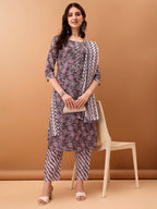 Mirror Embroidered & Floral Printed Kurta With Pant & Dupatta, Lavender - Hiral Fashion - Distacart