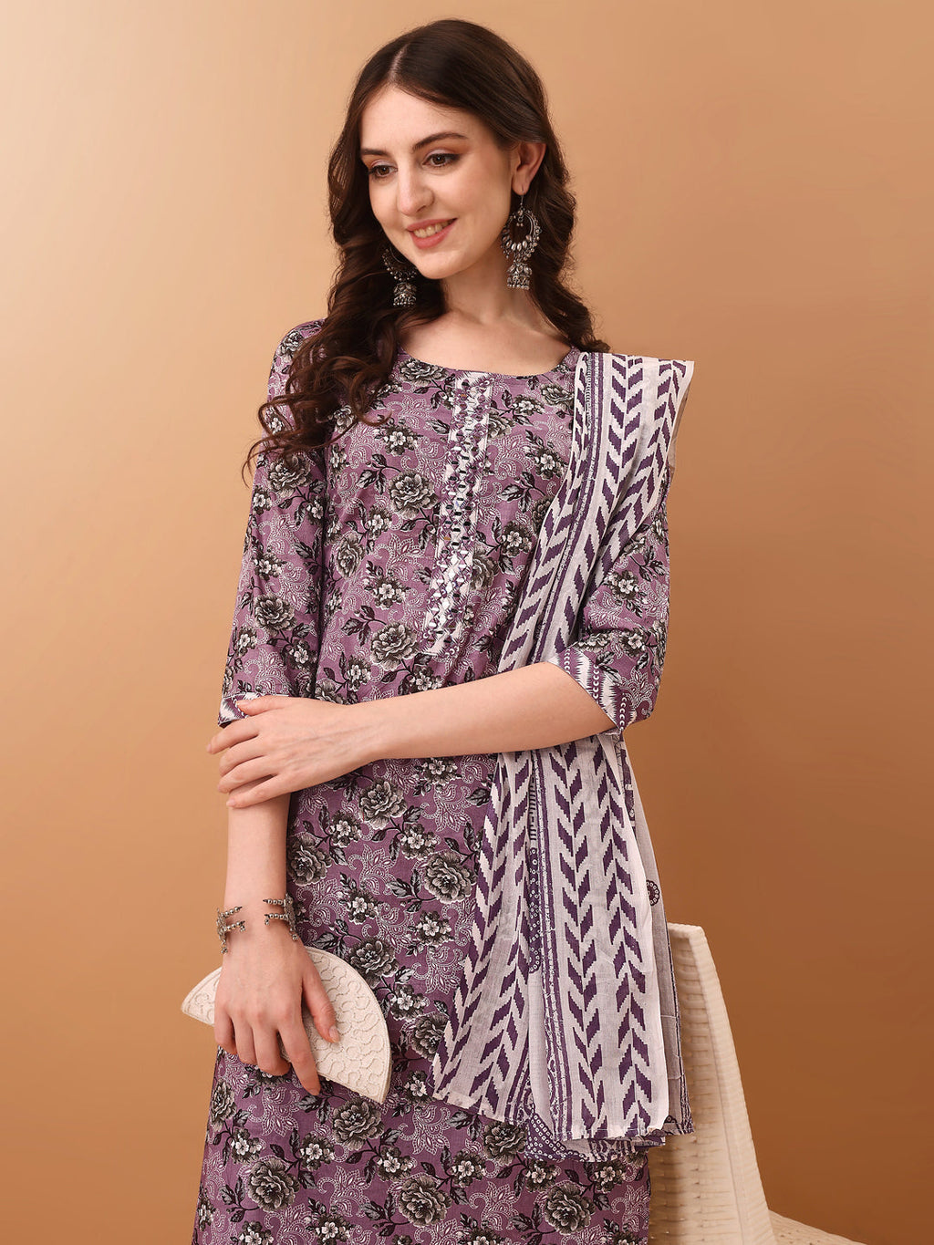 Mirror Embroidered & Floral Printed Kurta With Pant & Dupatta, Lavender - Hiral Fashion - Distacart
