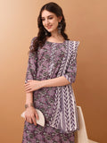 Mirror Embroidered & Floral Printed Kurta With Pant & Dupatta, Lavender - Hiral Fashion - Distacart