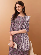 Mirror Embroidered & Floral Printed Kurta With Pant & Dupatta, Lavender - Hiral Fashion - Distacart