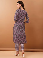 Mirror Embroidered & Floral Printed Kurta With Pant & Dupatta, Lavender - Hiral Fashion - Distacart