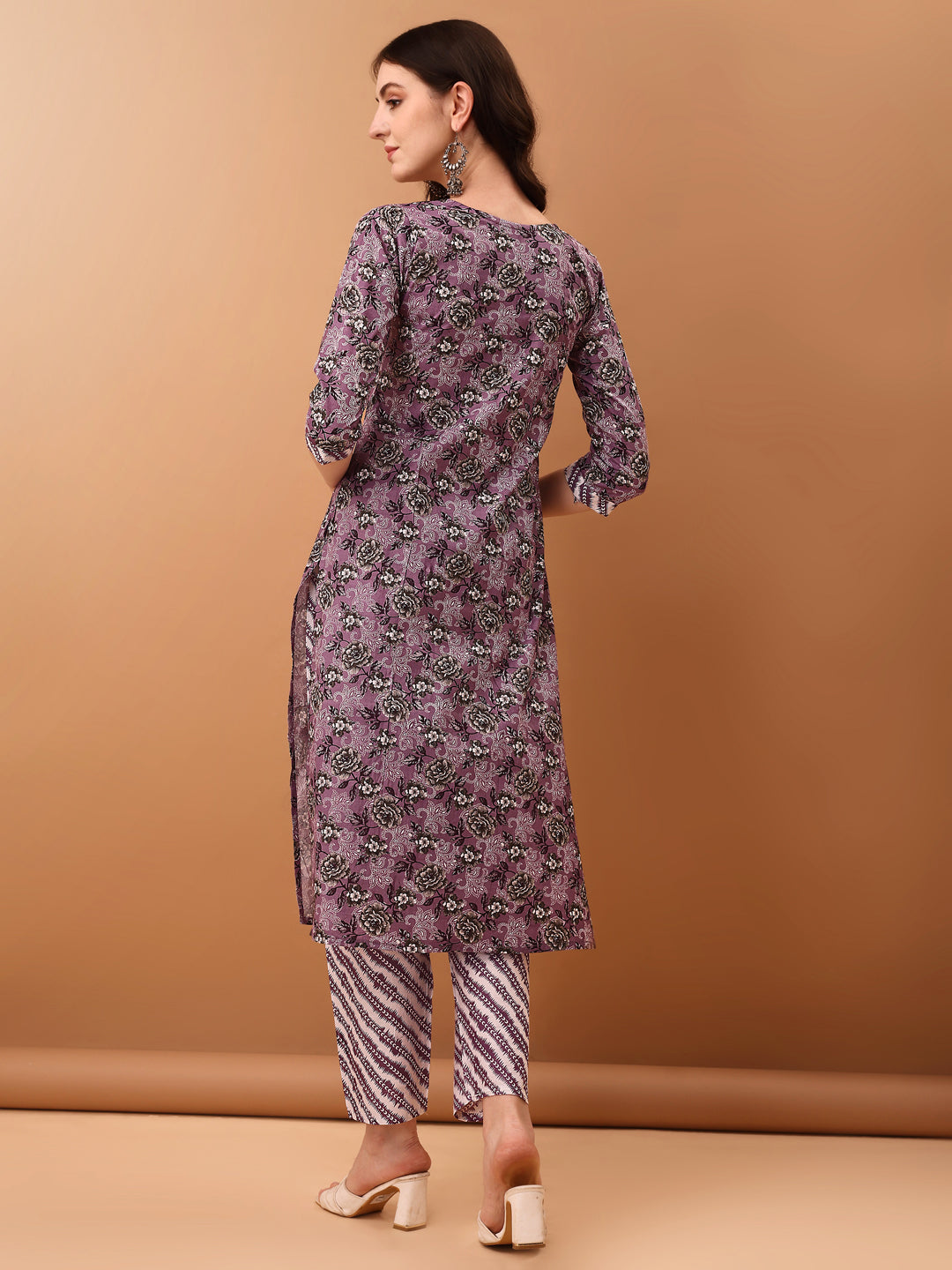 Mirror Embroidered & Floral Printed Kurta With Pant & Dupatta, Lavender - Hiral Fashion - Distacart