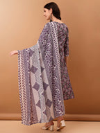Mirror Embroidered & Floral Printed Kurta With Pant & Dupatta, Lavender - Hiral Fashion - Distacart