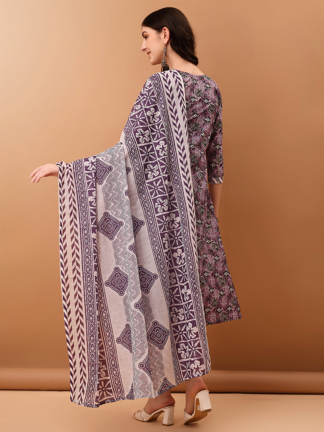 Mirror Embroidered & Floral Printed Kurta With Pant & Dupatta, Lavender - Hiral Fashion - Distacart