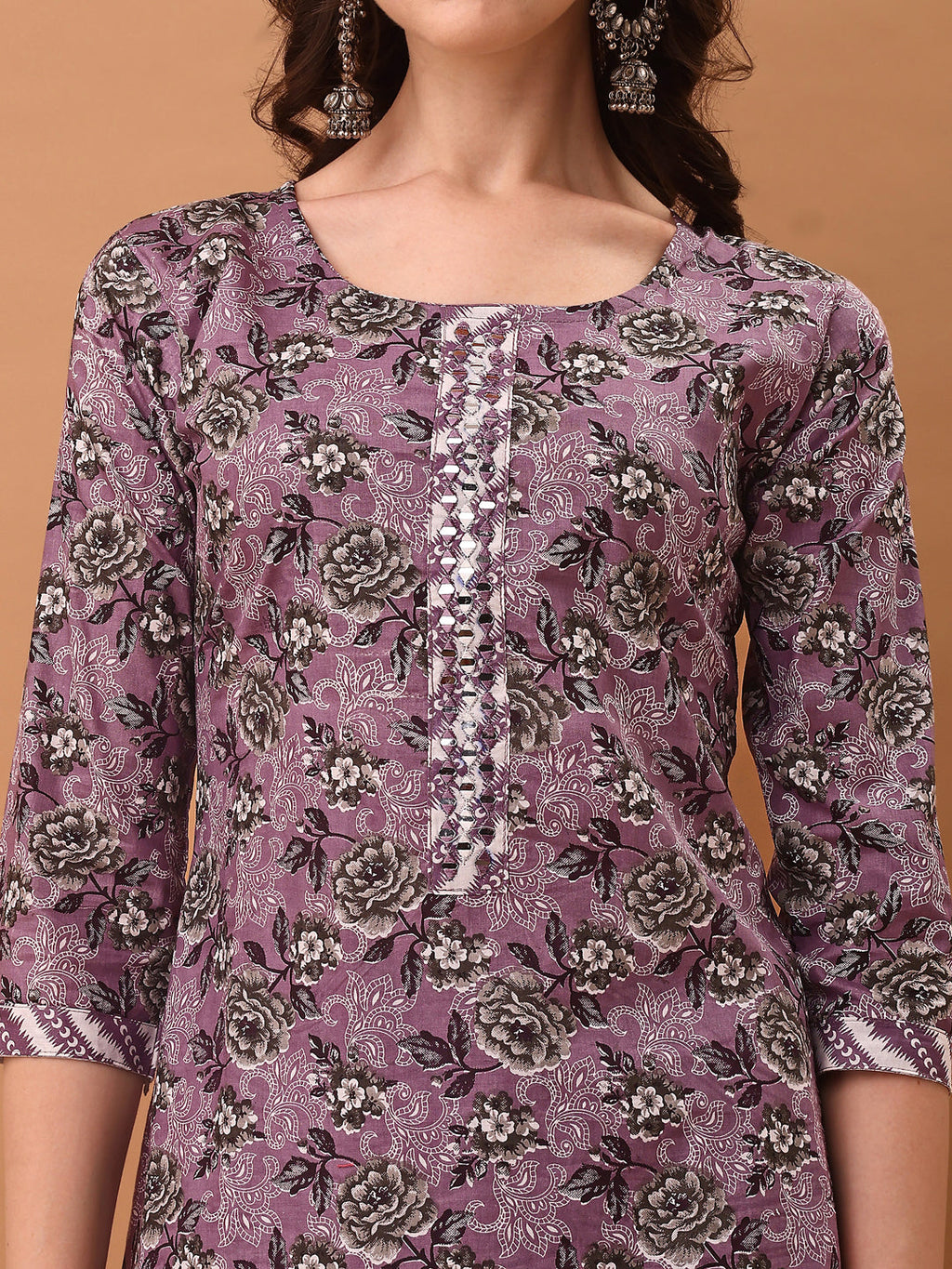 Mirror Embroidered & Floral Printed Kurta With Pant & Dupatta, Lavender - Hiral Fashion - Distacart