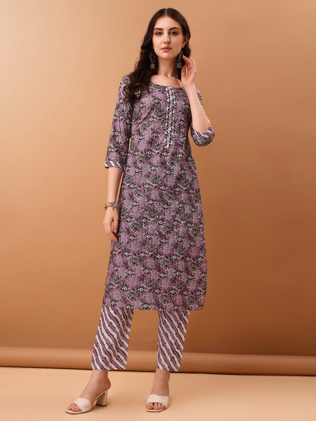 Mirror Embroidered & Floral Printed Kurta With Pant & Dupatta, Lavender - Hiral Fashion - Distacart