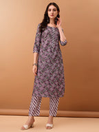 Mirror Embroidered & Floral Printed Kurta With Pant & Dupatta, Lavender - Hiral Fashion - Distacart