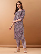Mirror Embroidered & Floral Printed Kurta With Pant & Dupatta, Lavender - Hiral Fashion - Distacart
