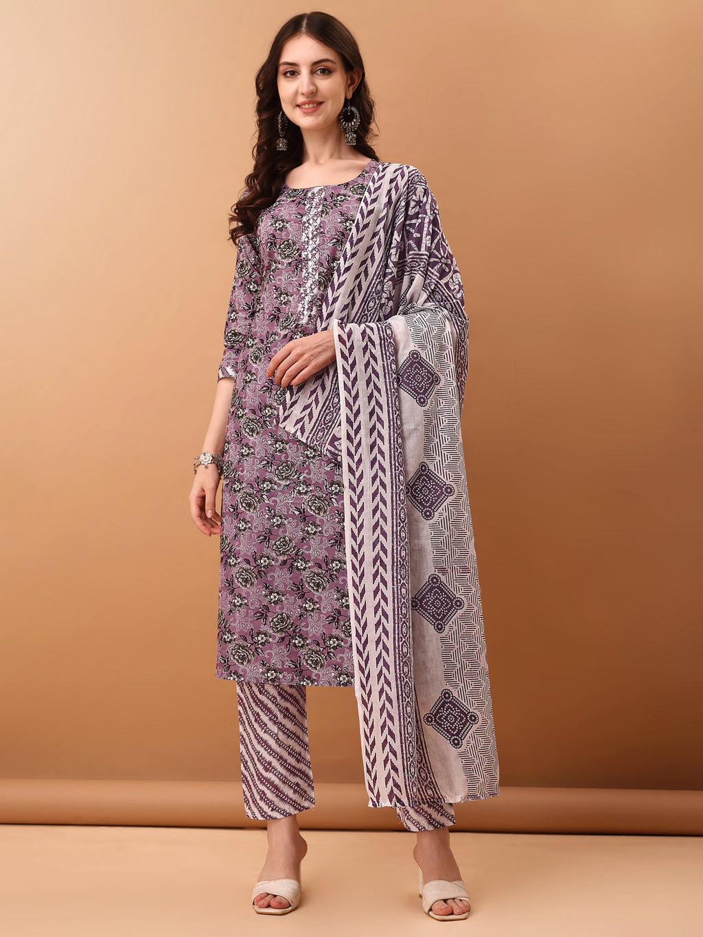 Mirror Embroidered & Floral Printed Kurta With Pant & Dupatta, Lavender - Hiral Fashion - Distacart