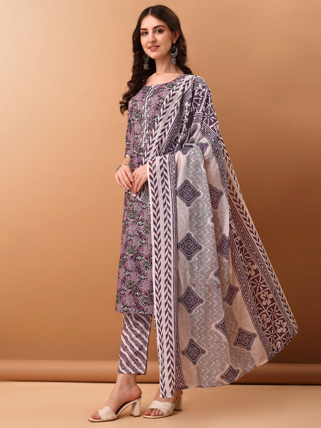 Mirror Embroidered & Floral Printed Kurta With Pant & Dupatta, Lavender - Hiral Fashion - Distacart