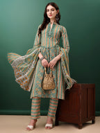 Nyra Cut Embroidered & Printed With Lace Detailing Kurta With Pant & Dupatta, Green - Hiral Fashion - Distacart