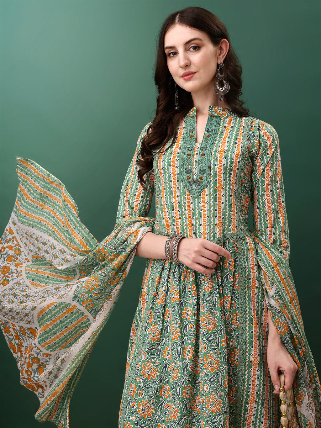Nyra Cut Embroidered & Printed With Lace Detailing Kurta With Pant & Dupatta, Green - Hiral Fashion - Distacart