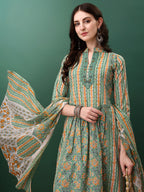 Nyra Cut Embroidered & Printed With Lace Detailing Kurta With Pant & Dupatta, Green - Hiral Fashion - Distacart