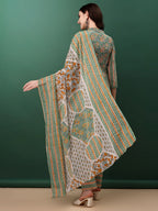 Nyra Cut Embroidered & Printed With Lace Detailing Kurta With Pant & Dupatta, Green - Hiral Fashion - Distacart