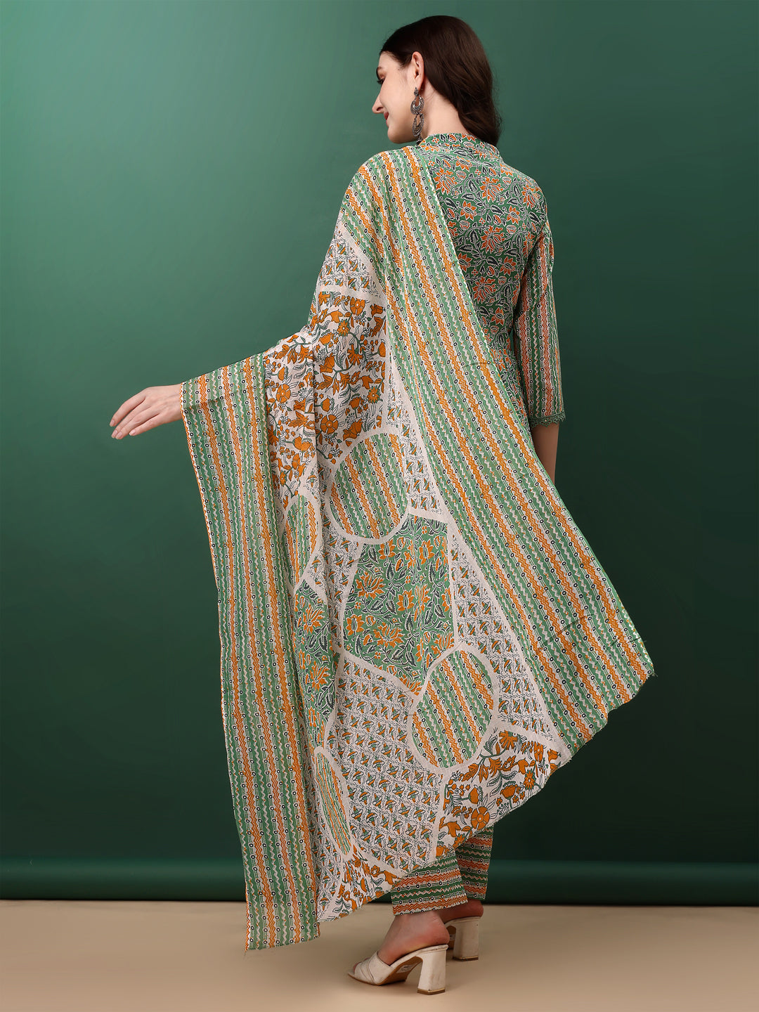 Nyra Cut Embroidered & Printed With Lace Detailing Kurta With Pant & Dupatta, Green - Hiral Fashion - Distacart