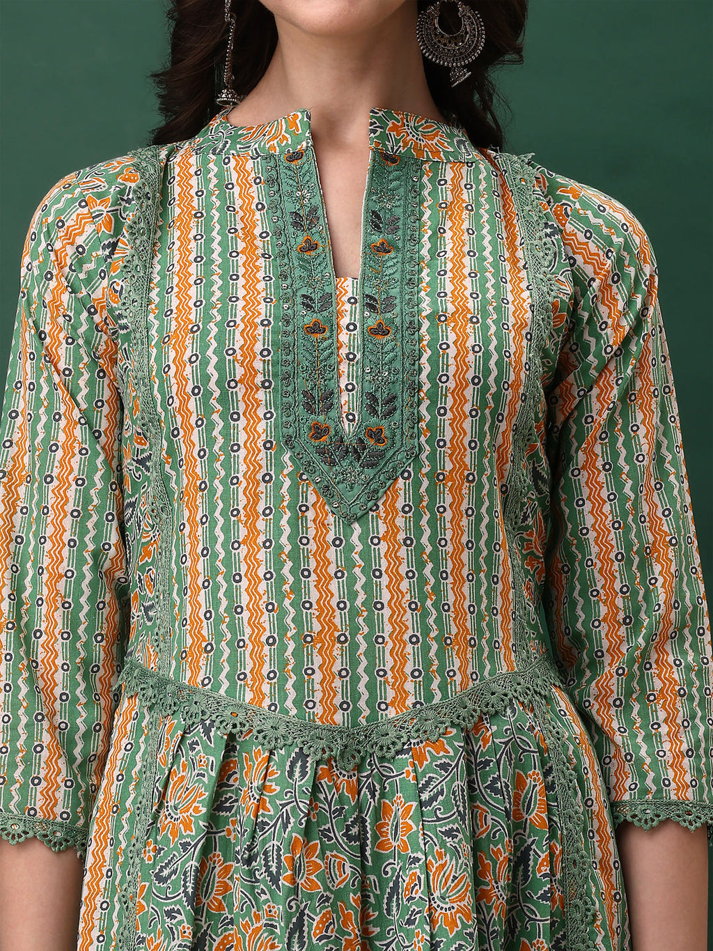 Nyra Cut Embroidered & Printed With Lace Detailing Kurta With Pant & Dupatta, Green - Hiral Fashion - Distacart