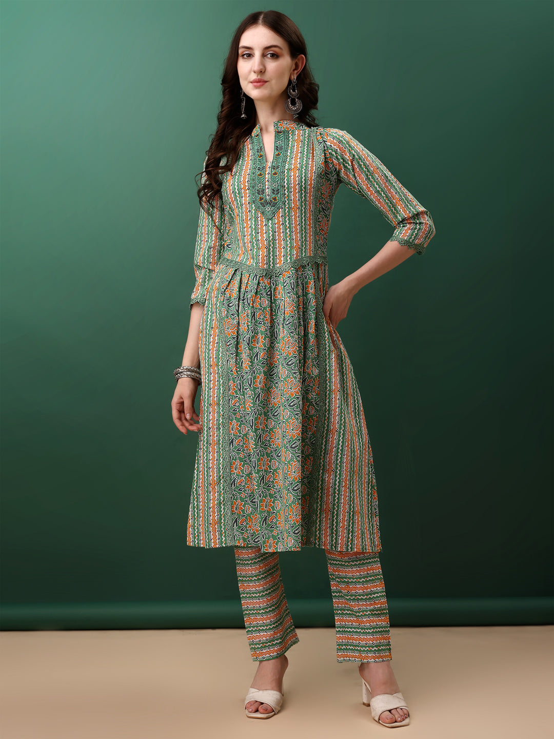Nyra Cut Embroidered & Printed With Lace Detailing Kurta With Pant & Dupatta, Green - Hiral Fashion - Distacart