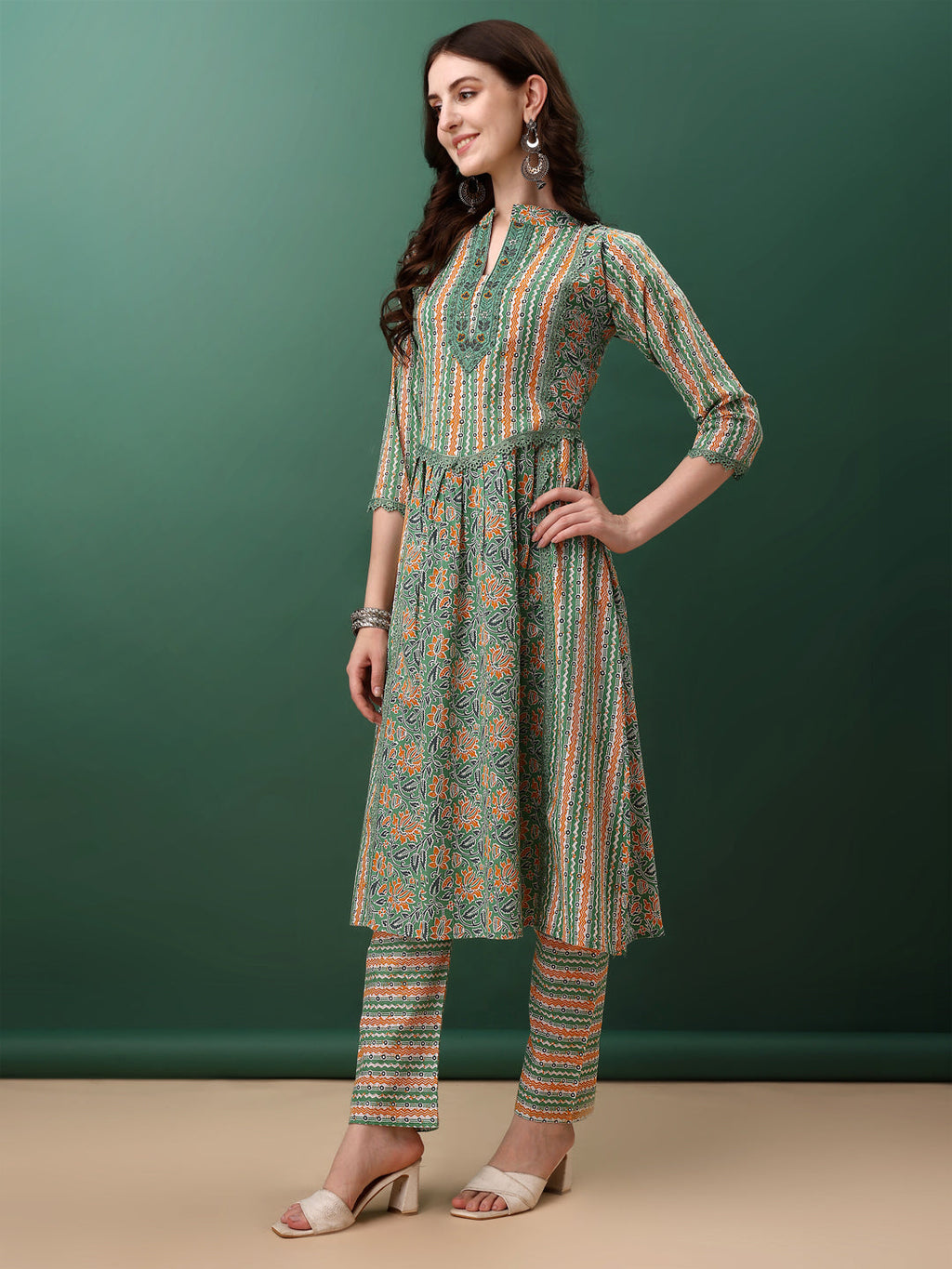 Nyra Cut Embroidered & Printed With Lace Detailing Kurta With Pant & Dupatta, Green - Hiral Fashion - Distacart