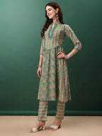 Nyra Cut Embroidered & Printed With Lace Detailing Kurta With Pant & Dupatta, Green - Hiral Fashion - Distacart