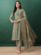 Nyra Cut Embroidered & Printed With Lace Detailing Kurta With Pant & Dupatta, Green - Hiral Fashion - Distacart