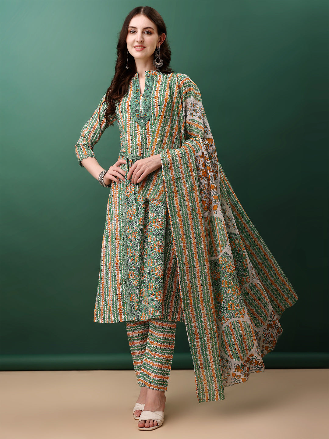Nyra Cut Embroidered & Printed With Lace Detailing Kurta With Pant & Dupatta, Green - Hiral Fashion - Distacart