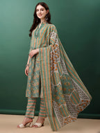 Nyra Cut Embroidered & Printed With Lace Detailing Kurta With Pant & Dupatta, Green - Hiral Fashion - Distacart