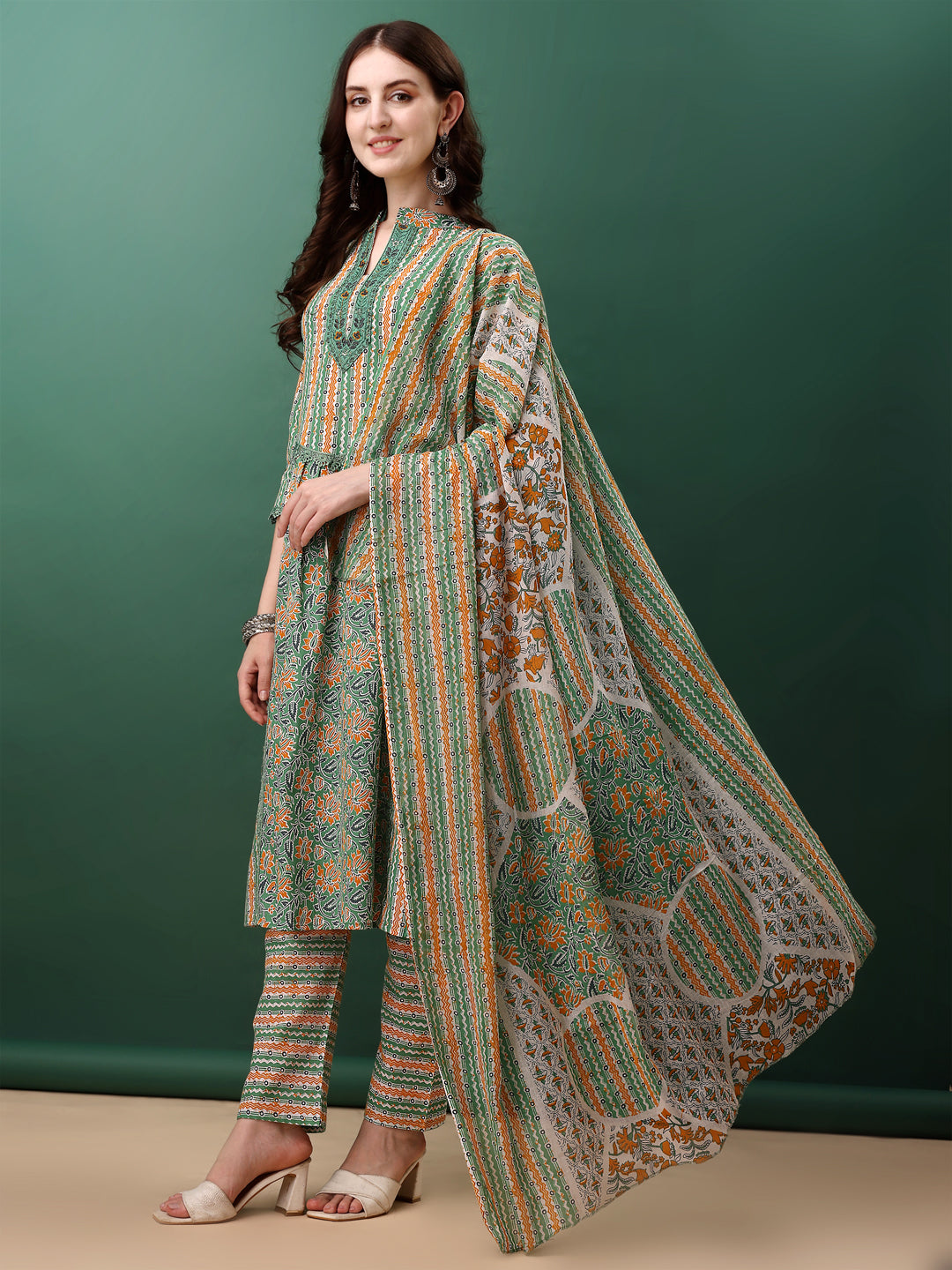 Nyra Cut Embroidered & Printed With Lace Detailing Kurta With Pant & Dupatta, Green - Hiral Fashion - Distacart